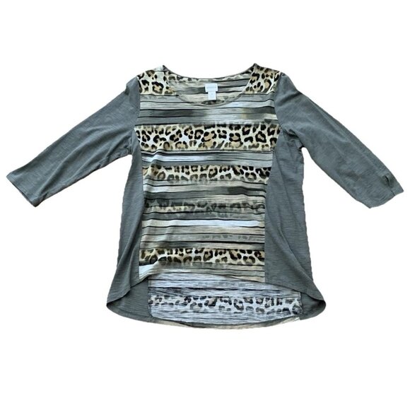 Chico's Top 1 Women's Size 8 Olive Animal Print Leopard Striped 3/4 Sleeve Boho - Picture 1 of 12